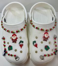 Christmas Croc chains and Jibbitz. Adjustable White Shoe Charms As Gifts, Adjustable White Shoe Charms As A Gift, Goofy Christmas, Croc Charms, Shoe Clips, Stocking Stuffers, Favorite Jewelry, Brooch Pin, Clothing And Shoes