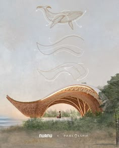 an artistic rendering of a bridge with a man sitting on it and a whale flying above