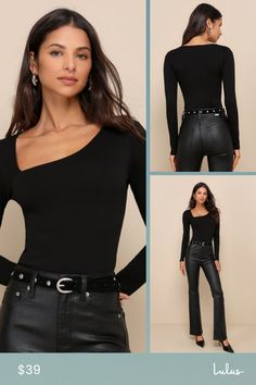 Make your style stand out amongst the crowd with the Lulus Seek Me Out Black Long Sleeve Asymmetrical Bodysuits! Soft and stretchy jersey knit shapes this eye-catching bodysuit that has a fitted bodice, long sleeves, and an asymmetrical neckline. Attached thong bottoms have snap closures. Pair this bodysuit with your favorite high-waisted denim for a twist on a classic look! Fit: This garment fits true to size. Length: Size medium measures 27" from shoulder to hem. Bust: Great for any cup size. Asymmetrical Stretch Solid Bodysuit, Asymmetrical Stretch Solid Color Bodysuit, Chic Stretch Bodysuit With Asymmetrical Neckline, Elegant Stretch Bodysuit With Asymmetrical Neckline, Black Bodysuit With Asymmetrical Neckline For Party, Fitted Bodysuit With Asymmetrical Neckline For Night Out, Fitted Bodysuit With Asymmetrical Neckline For Evening, Black Party Bodysuit With Asymmetrical Neckline, Trendy One-shoulder Bodysuit For Night Out