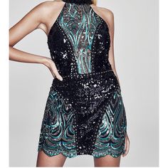 Premium Olivia Halter Neck Sequin Mini Dress. Never Worn. Beautiful In Person. Teal And Black Sequin All Over. Size 8 Mini Dress With Contrast Sequin For Date Night, Date Night Mini Dress With Contrast Sequin, Embellished Halter Neck Dress For Date Night, Chic Fitted Embellished Halter Dress, Fitted Embellished Halter Neck Mini Dress, Black Bodycon Dress With Contrast Sequin, Fitted Black Bodycon Dress With Contrast Sequin, Embellished Fitted Halter Dress For Cocktail, Black Sequined Halter Neck Mini Dress