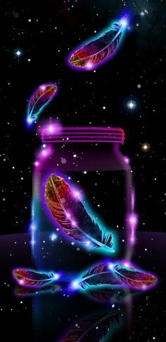 a jar filled with colorful feathers floating in the air next to stars and galaxys