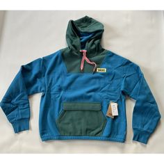 Vans Women’s Pullover 58% Cotton 42% Polyester Hooded Front Pockets Sporty Blue Sweatshirt With Pockets, Blue Spring Sweatshirt, Blue Long Sleeve Hoodie, Blue Cotton Vans Top, Blue Cotton Vans Tops, Vans Long Sleeve Sweatshirt For Streetwear, Blue Fleece Sweatshirt With Kangaroo Pocket, Blue Sporty Top With Kangaroo Pocket, Blue Hoodie With Pockets For Fall