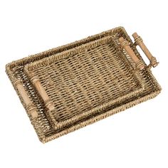 an empty wicker tray with bamboo handles