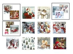 several pictures of santa claus and snowmen in the snow with trees, sleighs