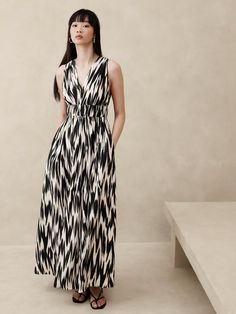 Cascade Silk Maxi Dress | Banana Republic Elegant V-neck Midi Dress With Elastic Waistband, Elegant V-neck Maxi Dress With Pleated Waist, Elegant Black Maxi Dress With Gathered Waist, Elegant V-neck Maxi Dress With Fitted Waist, Chic V-neck Maxi Dress With Pleated Waist, Chic Evening Maxi Dress With Fitted Waist, Chic Maxi Dress With Fitted Waist For Evening, Chic V-neck Maxi Dress With Gathered Waist, Elegant V-neck Maxi Dress With Elastic Waistband