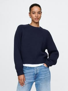 Saw this on Gap: Navy Crewneck Outfit, Navy Ralph Lauren Sweater, Cozy Day Outfit, Navy Sweater Outfit, Thrift Bundle, Minimalist Classic Style, Thrift List, 2025 Wishlist, Crewneck Outfit