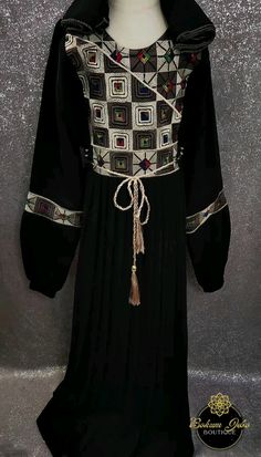 Abaya & shayla, youth size/girls size. Traditional Embroidered Dress With Geometric Pattern For Festive Occasions, Traditional Embroidered Dress With Geometric Embroidery For Festive Occasions, Festive Traditional Dresses With Geometric Embroidery, Traditional Festive Dresses With Geometric Embroidery, Traditional Black Festival Dress, Black Bohemian Dress With Traditional Patterns, Traditional Embellished Abaya For Festivals, Traditional Embellished Abaya For Festive Occasions, Traditional Embellished Kaftan For Ceremonies