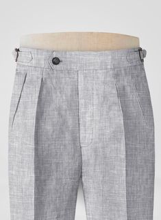 Maintain a distinct professional appearance by adding an extra bit of flair with our Italian Zod Light Gray Linen Trousers. Crafted from linen, these pants will keep you cool, sharp and stylish in summer.     Look Includes  Italian Zod Light Gray Linen Fabric  Cross Pocket  Forward 2 Pleats  Side Tabs (No Loops)- Arrow Shape  Bottom Cuff (1.5")   Two Welted Back Pockets on Trousers   Click 'Customize Now' to modify the look if needed.    Lining: Viscose, Dry Clean. White Linen Suit, Harris Tweed Fabric, Light Grey Suits, Fabric Cross, Scottish Fashion, Professional Appearance, Linen Suits, Herringbone Tweed, Blue Tweed