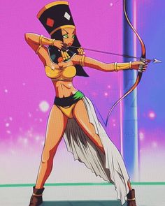 an animated image of a woman holding a bow and arrow