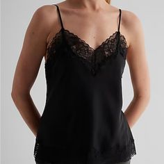 Features & Fabric V-Neck Sleeveless; Adjustable Spaghetti Straps Satin Fabric; Lace Trim Straight Hem 96% Recycled Polyester/ 4% Spandex Imported Black Wear, Lace Trim Cami, The Diva, Womens Cami, Fall Winter Wardrobe, Black Camis, Dinner Date, Effortless Chic, Chic Look