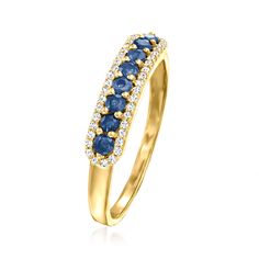 Ross-Simons - .30ct t. w. Sapphire Ring, .12ct t. w. Diamonds in 14kt Yellow Gold. Size 9. Sumptuous and stackable, this luxurious gemstone ring glimmers with .30 ct. t. w. round sapphires and .12 ct. t. w. round diamond borders. Finely crafted in polished 14kt yellow gold. 1/8" wide. Diamond and sapphire ring. Sapphire birthstones are the perfect gift for September birthdays. Diamond And Sapphire Ring, Sapphire Birthstone, Adult Jewelry, September Birthday, Round Sapphire, Fine Jewelery, Ring Sapphire, Gemstone Ring, Round Diamond