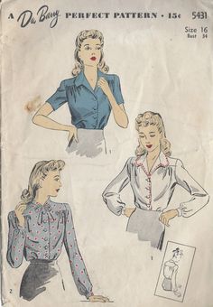 1942 Vintage Sewing Pattern BLOUSE B34 (R666) By Du Barry | eBay Sewing Pattern Blouse, 1940s Blouse, Patron Vintage, Scale Pattern, Classic Blouses, Retro Mode, Pattern Blouse, Couture Vintage, 1940s Fashion