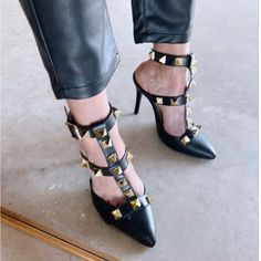 Brand New Selling Because Wrong Size. Cute With Jeans And Dresses! Black Studded Heels For Spring, Edgy Studded Heels For Spring, Black Spiked Heels For Spring, Spring Black Spiked Heels, Casual Spiked Heels For Spring, Closed Toe Block Heels, Gold High Heels, Black Suede Pumps, Rhinestone Sandals