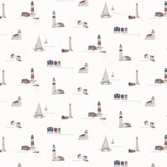 a white wallpaper with lighthouses and boats on it