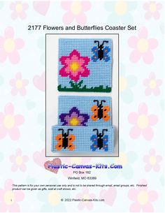 two cross stitch coasters with flowers and butterflies on them