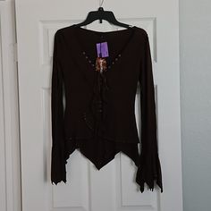 Brand New Super Cute Brazilroxx Layered Shirt. Leather Laced. Bell Sleeve. Rivet Detail. Size S Lace Shirt With Bell Sleeves, Brown Long Sleeve Festival Top, Brown Long Sleeve Top For Festival, Goth Closet, Witch Shirts, Flared Shirt, Clothes Board, Thrift Inspo, Boho Lifestyle