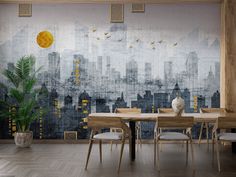 a dining room with a large cityscape wall mural