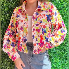 Fun Floral Printed Corduroy Jacket With Button Closure On Front. Bubble Sleeves With Oversized Fit. Multicolor Cotton Outerwear For Day Out, Multicolor Button-up Outerwear For Spring, Spring Retro Button-up Outerwear, Retro Spring Button-up Outerwear, Retro Button-up Spring Outerwear, Trendy Floral Print Button-up Outerwear, Multicolor Single-breasted Outerwear For Spring, Spring Multicolor Single-breasted Outerwear, Multicolor Single-breasted Spring Outerwear