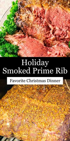 holiday smoked prime rib roast on the grill with christmas dinner in the background and text overlay that reads holiday smoked prime rib