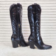 Electric Cowboy, Knee High Cowgirl Boots, High Cowgirl Boots, Louis Vuitton Heels, Knee High Cowboy Boots, Black Cowgirl Boots, Jet Black Color, Fashion Shoes Heels, Ysl Heels