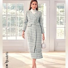 Women Tweed Jacket And Skirt Tailored Long Sleeve Tweed Dress For Winter, Blue Long Sleeve Skirt Suit For Fall, Fall Tweed Long Sleeve Skirt Suit, Winter Tweed Skirt Suit With Long Sleeves, Tweed Jacket And Skirt, Shein Jackets, Dress And Jacket, Coats Women, Tweed Dress