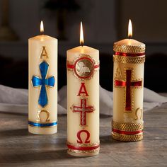 Description: With the magnificent Alpha & Omega Pillar Candle, you may feel the divine presence and seek God's intercession. This candle is hand-decorated with painstaking attention to detail to boost your spiritual devotion and provide a quiet environment for meditation and thought.The metallic gold and blue emblem on our Alpha & Omega Pillar Candle adds a touch of elegance and dignity to your devotional environment. The bright glow of the flame, paired with the complex pattern, conveys heavenl Crucible Candle, Catholic Candle, Catholic Blessed Candles, Jesus Candles, Paschal Candle, Catholic Candles, Bee Candles, Saint Candles, Catholic + Candle