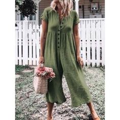 This Loose Fitting Jumpsuit Is Very Stylish And Lightweight. The Color Is A Lovely Olive Green. There Are Buttons Up The Front And A Cap Sleeve Detail. Size Small. Nwot Spring V-neck Jumpsuits And Rompers With Buttons, Summer V-neck Jumpsuits And Rompers With Buttons, Summer Short Sleeve Jumpsuits And Rompers With Button Closure, Summer Button-up Solid Color Jumpsuits And Rompers, Summer Button-up Solid Color Jumpsuit, Spring Solid Color Jumpsuits And Rompers With Buttons, Summer Solid Color Button-up Jumpsuit, Spring Jumpsuits And Rompers With Buttons, Button-up Jumpsuits And Rompers For Beach