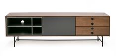 the sideboard has two drawers and three doors on each side, with one door open