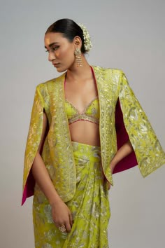 Gopi Vaid | Yellow Ishanya Jacket And Inner | INDIASPOPUP.COM Lime Green Blazer, Gopi Vaid, Smart Chic, Traditional Jacket, Resham Work, Blazer Outfits For Women, Adventurous Women, Chic Blazer, Green Blazer