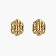 Introducing the Damaris Earring - Gold: a stunning pair of nickel-free ribbed dome studs. Crafted in 18K gold, these earrings showcase a rounded, shell-like design against a pristine white background. Tarnish Resistant Yellow Gold Metal Clip-on Earrings, Yellow Gold Tarnish Resistant Metal Clip-on Earrings, Modern Yellow Gold Clip-on Earrings, Gold Plated Internally Threaded Minimalist Earrings, Minimalist Internally Threaded Gold Plated Earrings, Minimalist Gold Plated Internally Threaded Earrings, Modern 14k Gold Internally Threaded Earrings, Gold Plated Clip-on Plug Earrings, Clip-on Yellow Gold Earrings