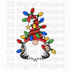 a gnome with christmas lights on his head is shown in the middle of an image