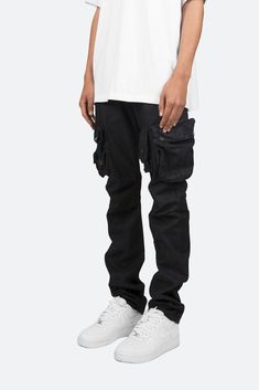 Waxed Denim Cargo Pants - Black | mnml | shop now Streetwear Washed Black Bottoms With Cargo Pockets, Urban Cargo Style Jeans, Black Straight Leg Cargo Pants With Multiple Pockets, Utility Cargo Jeans In Washed Black With Hip Pockets, Washed Black Cargo Jeans With Hip Pockets, Washed Black Straight Leg Cargo Pants With Multiple Pockets, Urban Washed Black Cargo Jeans With Five Pockets, Straight Leg Washed Black Cargo Pants With Multiple Pockets, Urban Style Washed Black Cargo Jeans