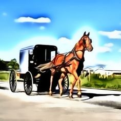 a drawing of a horse drawn carriage on a road with clouds in the sky behind it