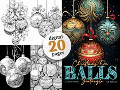 christmas balls and ornaments with the text digital coloring pages for adults, children and teens