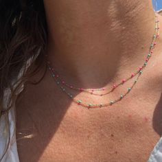 CONFETTI NECKLACE Multicolor Dainty Jewelry With Delicate Chain, Multicolor Necklace With Delicate Chain As Gift, Double Strand Satellite Chain Necklace For Gift, Pink Dainty Necklace With Beaded Chain, Playful Multicolor Tiny Beads Necklace, Confetti Necklace, Clean Sterling Silver, Gold Piece, Vermeil Jewelry