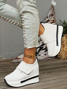 White  Collar     Embellished   Women Shoes Fashionable Comfortable Shoes, White Casual Shoes, Height Increase, Fashionable Shoes, Shoes Comfortable, Casual Sport Shoes, Wedge Sneakers, Womens Wedges, Platform Wedge