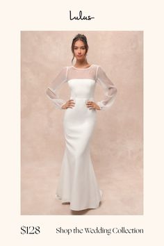 Say ""I do"" to your perfect love story in the Lulus Immaculate Romance White Sheer Organza Long Sleeve Maxi Dress! This elegant dress begins with airy organza that forms a boat neckline atop a sheer dÃ©colletage, framed by matching long sleeves with puff shoulders and elasticized cuffs. Sleek woven fabric creates a princess-seamed bodice with a high, fitted waist that falls to a mermaid maxi skirt with a romantic train at the back. Turn around to reveal an alluring keyhole cutout with a top loo Long Sleeve Maxi Dress Formal, Long Sleeve Bridal Dress, Promenade Dress, Dress With Applique, Mermaid Maxi Skirt, Long Sleeve Bridal Dresses, Elegant White Dress, Maxi Dress Long Sleeve, Floral Lace Shorts