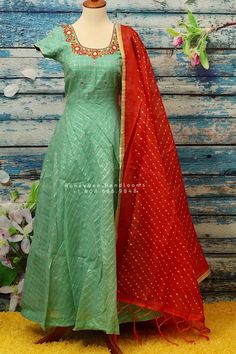 Ikkat,Indian Designer anarkali,Indian Stitched Dress for women, zardhosi maggam mirror work green Dress ,Indian Partywear patola Duppatta Green Dress Indian, Long Frocks Indian, Frock Models, Simple Kurta, Indian Dresses For Women, Ikkat Dresses, Long Gown Design, Dresses Cotton, Dress For