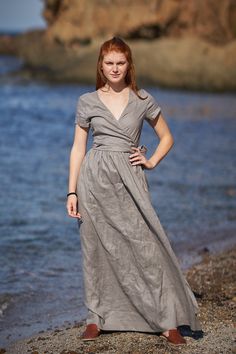 "Long Linen Wrap Dress, Linen Maxi Dress, Plus Size Boho Dress ♠ The essential summer wrap dress made from 100% high quality linen. This comfortable short sleeved dress has a surplice neckline, side pockets and tie wrap closure that emphasizes the waist. Featured in soft gray shade here, this delightful linen piece could be made in a variety of colors. ♠ If you would like a removable Slip dress in addition to your Linen dress, please check the Slips section: http://etsy.me/36T5ZQu ♠ Sizes The mo Fitted V-neck Linen Sundress, Fitted Linen Dress With Tie Waist For Beach, Beach Linen Dress With Surplice Neckline, Linen Kaftan Dress, Plus Size Boho Dress, Plus Size Linen Dress, Wrap Dress Summer, Linen Kaftan, Summer Wrap Dress