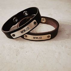 WWJD bracelet -black leather with engraved silver plate or brown leather with brass plate Casual Leather Jewelry As Gift, Casual Jewelry With Leather Strap Gift, Casual Jewelry With Leather Strap As Gift, Adjustable Bracelets With Engraving Option For Promise, Casual Leather Strap Bracelets As Gift, Everyday Leather Jewelry With Engraving Option, Nickel-free Leather Bracelet As Gift, Casual Everyday Jewelry With Leather Strap, Classic Adjustable Name Bracelet For Friendship