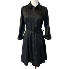 This Pretty Dress Is From Talbot's In A Petite Size 10. Jet Black In Color. Made Of Soft 98% Cotton And 2% Spandex. Machine Washable. Has Black Fabric Covered Buttons Down The Front. Has Cuffed Sleeves With Button. Skirt Has Flat Pleats And Hip Pockets. Comes With Removable Belt. A Rich Classic Dress. Unstretched, Measured From Seam To Seam Across The Front: Bust Is 19.5 Inches Across Waist Is 17 Inches Across Hips Are 20.5 Inches Across Sleeves Are 19.5 Inches Long Length Is 40.5 Inches Long Ne Red Black Dress, Gingham Jacket, Denim Maxi Skirt, Bow Detail Dress, Navy Blue Dresses, 15 Dresses, Classic Dress, Dot Dress, White Skirts