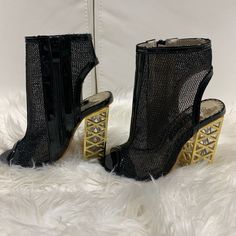 Size 34 But Runs A Bit Large And Fits Like A 4.5 Or 5 Us Condition Is Brand New Platform Open Toe Boots For Party, Party Platform Booties With Round Toe, Summer Party Booties With Pointed Toe, High Heel Booties With Padded Heel, Spring Party Boots With Closed Toe, Winter Party Platform Booties, High Heel Evening Boots For Summer, Gold High Heel Summer Boots, Summer Evening High Heel Boots