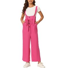 Show your casual laid-back vibes in this cute straight-fit overall jumpsuit. This woven overall jumpsuit features a low square neckline, shoulder straps, a partial button-front placket, a removable self-tie at the waist, a wide leg, and a relaxed silhouette. Soft fabric makes this overall jumpsuit comfortable to wear. It makes you beautiful with fashion and classic design and makes you stand out in the crowd. This loose-fit overall jumpsuit suit is for most ladies, you can pair it with a T-shirt Trendy Spring Jumpsuits And Rompers With Square Neck, Trendy Overalls With Adjustable Straps, Casual Overalls With Tie Straps And Bib Front, Casual Overalls With Buttons, Trendy Jumpsuit With Adjustable Straps And Bib Front, Trendy Jumpsuits With Adjustable Straps And Bib Front, Summer Wide Leg Jumpsuit With Button Closure, Chic Overalls With Suspenders For Spring, Summer Workwear Jumpsuits And Rompers With Adjustable Straps