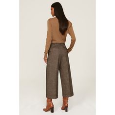 Brown tweed (53% Wool, 47% Cotton). Trousers. Front zipper fly with button closure. 25" inseam. 13.5" rise. Imported. Business Casual Bottoms With Welt Pockets For Fall, Business Casual Pants With Welt Pockets For Fall, Fall Office Bottoms With Welt Pockets, Brown Pants With Button Closure For Fall, Fall Brown Pants With Button Closure, Fall Season Brown Pants With Button Closure, Wool Bottoms For Business Casual In Fall, Wool Pants For Business Casual In Fall, Fall Bottoms With Welt Pockets