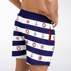 Get ready to soak up the sun in our Maris Equi Men's Nautical Swim Shorts. Designed for comfort and performance, this swimsuit is perfect for all your aquatic adventures. Mix and match with our coordinating shirts, flip flops, and swim briefs to create your own signature beach look. Shop now and make waves with Maris Equi! These swim trunks are handmade after you order them. Please allow 2 weeks for delivery. This suit has a lot of stretch and is very size friendly. If you want a tighter look, s Navy Bottoms With Built-in Shorts For Beach, Navy Swimwear With Built-in Shorts For Vacation, Navy Swimwear With Built-in Shorts, Navy Swim Trunks With Built-in Shorts For Vacation, White Swimming Bottoms With Upf 50+, Beachy Swim Trunks For Swimming, Sporty White Swim Trunks For Pool, White Moisture-wicking Bottoms For Beach Season, Blue Summer Athletic Shorts