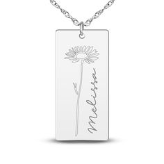 A lustrous high-polish, personalized rectangular pendant is adorned with a flower and displays a name proudly alongside in this vibrant women's necklace. Fashioned in 14K white gold, the 18-inch rope chain secures in place with a spring ring clasp. Personalize with 1 line up to 8 characters. Elegant Name Necklace With Flower Pendant, Engraved Rectangular Jewelry For Mom, Engraved Rectangular Jewelry Gift For Mom, Rectangular Polished Finish Necklace For Anniversary, Engraved Rectangular Pendant Jewelry For Mother's Day, Engraved Rectangular Necklace For Mom, Personalized Yellow Gold Rectangular Necklace, Engraved Rectangular Pendant For Mother's Day, Mother's Day Engraved Rectangular Pendant Jewelry