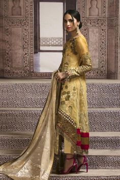 Gold Long Sleeve Chanderi Anarkali Set, Anarkali Salwar Kameez With Kundan For Eid, Anarkali Kurta With Kundan, Bollywood Style Kundan Traditional Wear With Long Sleeves, Semi-stitched Gold Chanderi Lawn Suit, Traditional Kundan Wear With Long Sleeves For Festivals, Festive Salwar Kameez With Dupatta And Long Sleeves, Long Sleeve Salwar Kameez With Dupatta For Festive Occasion, Festive Long Sleeve Salwar Kameez With Dupatta