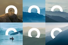 four different images with the same person in a boat on water and mountains behind them