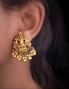 Ruby Kemp Stud Earrings/Goddess Lakshmi Antique Gold Finish/Stud Earrings with Pearl Around Earrings 0.9 wide/ 1.4 long /Indian Jewelry These fabulous earrings are high-quality and will match with a number of outfits. Wear them for any occasion, or give them as a gift.  DETAILS: Includes Two earrings only. Length: 1.5. inches wide ; 0.9   Weight for Earring Set: 0.90oz (0.26 g) Earring backs Screw to on/off.  Material: Imitation Antique gold Finish . Red and green, Jadau kemp stones, stones. Fin Gold Studs Earrings Indian, Latest Earrings Design, Gold Earrings For Kids, Ear Tops, Chanderi Silk Saree, Fire Water, Indian Jewelry Sets, Earrings Design, Coin Earrings