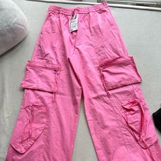 Light Weight Never Worn With Tags Great Spring Or Summer Pant Straight Leg Pink Relaxed Fit Cargo Pants With Pockets, Spring Utility Full Length Parachute Pants, Pink Utility Cargo Style Bottoms, Pink Full-length Cargo Pants With Pockets, Trendy Pink Pants With Side Pockets, Trendy Pink Pants With Pockets, Pink Full-length Cargo Pants, Casual High Waist Pink Cargo Pants, Spring Pink Bottoms With Cargo Pockets